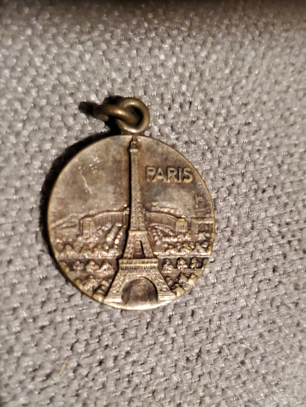 Paris Eiffel Tower Round Pendant Charm in Antiqued Gold Tone